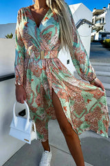 Paisley Print V Neck Long Sleeve Slit Slim Fit Dress