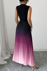 Fashionable Gradient Sleeveless Slim Fit Stitching Pleated Maxi Dress