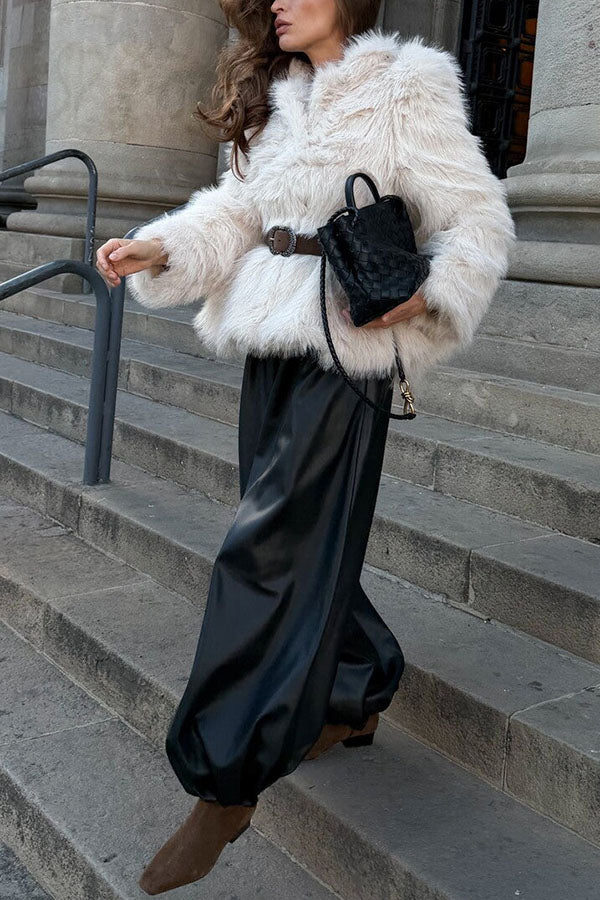 Comfortable and Modern Faux Leather Elastic Wst Pocket Bubble Hem Pants