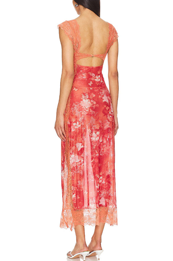 Floral Print Lace Patchwork Hollow-out Slim-fit Midi Dress