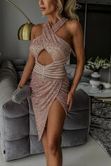 Born To Be A Star Sequin Mesh Cutout Waist Halter Asymmetrical Midi Dress