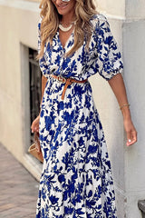 Plant Print V-neck Half-sleeve High Waist Casual Maxi Dress