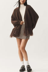 Fashionable Splicing Mesh Ruffle Knitted Long-sleeved Loose Cardigan