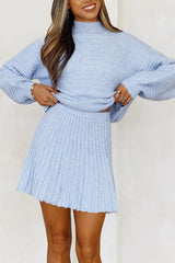 Solid Color Round Neck Puff Sleeve Loose Knit Sweater and Casual Striped Mini Skirt Set