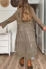 Boho Style Crochet Long Sleeve High Low A-line Maxi Top