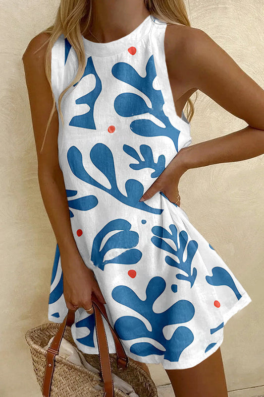 Blue Coral Print Sleeveless Resort Mini Dress
