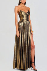 Goddess Temperament Metallic Pleated Fabric Off Shoulder Slit Maxi Dress