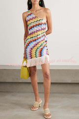 Eline Knit Colorful Zigzag PatternOne Shoulder Ruched Tassle Trim Mini Dress