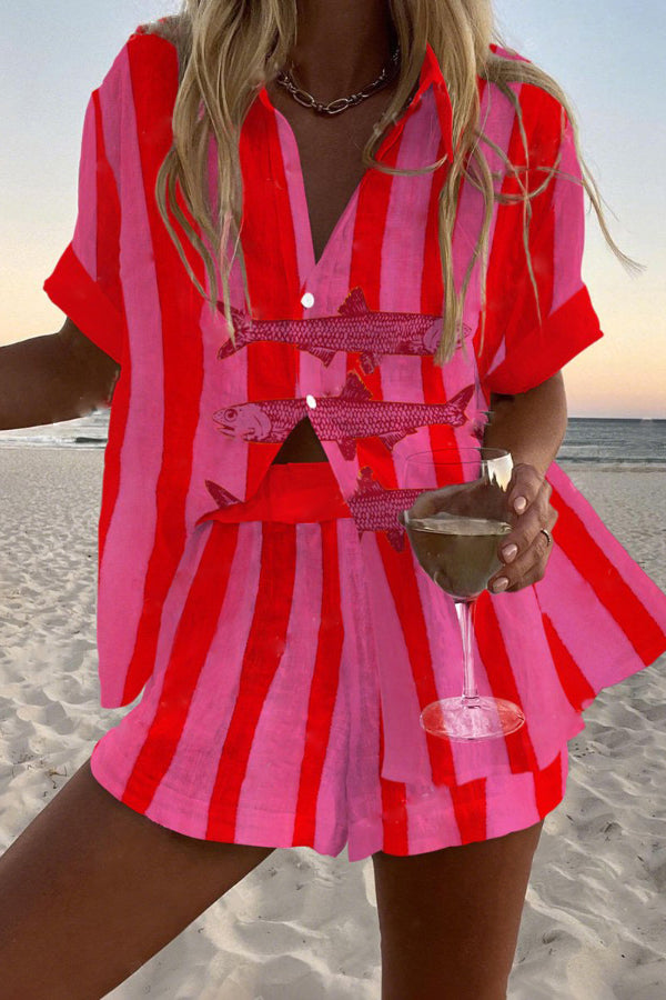 Fish Stripe Print Loose Button Elastic Waist Shorts Set