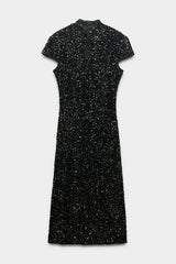 Cheongsam Style Velvet Sequin Stand Neck Short Sleeve Slit Midi Dress