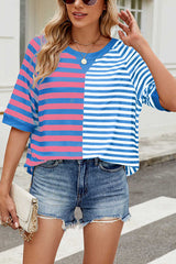 Striped Color Block Print Crew Neck Short Sleeve Loose Top