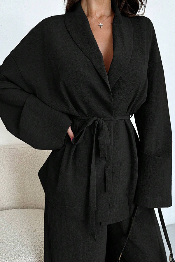 Solid Color Collared Long-sleeved Tie-wst Loose Top and Elastic Wst Casual Wide-leg Pants Set