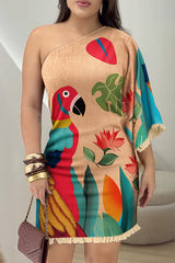 Unique Printed One Sleeve Fringe Fitted Mini Dress
