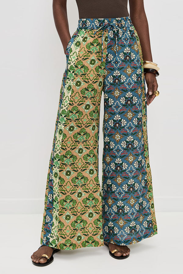 Colorblock Linen Blend Floral Print Short Sleeve Loose Blouse and Elastic Waist Pocket Wide Leg Pants Set