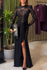 Fenna Sheer Floral Sequin Shoulder Pads Long Sleeve Drape Slit Maxi Dress