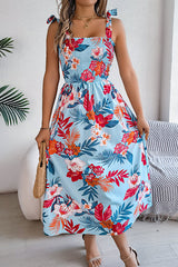 Plant Print Suspenders Pleated Holiday Beach Midi Dress
