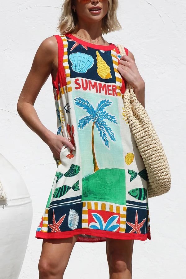 Summer-themed Printed Round Neck Sleeveless Pocket Loose Mini Dress