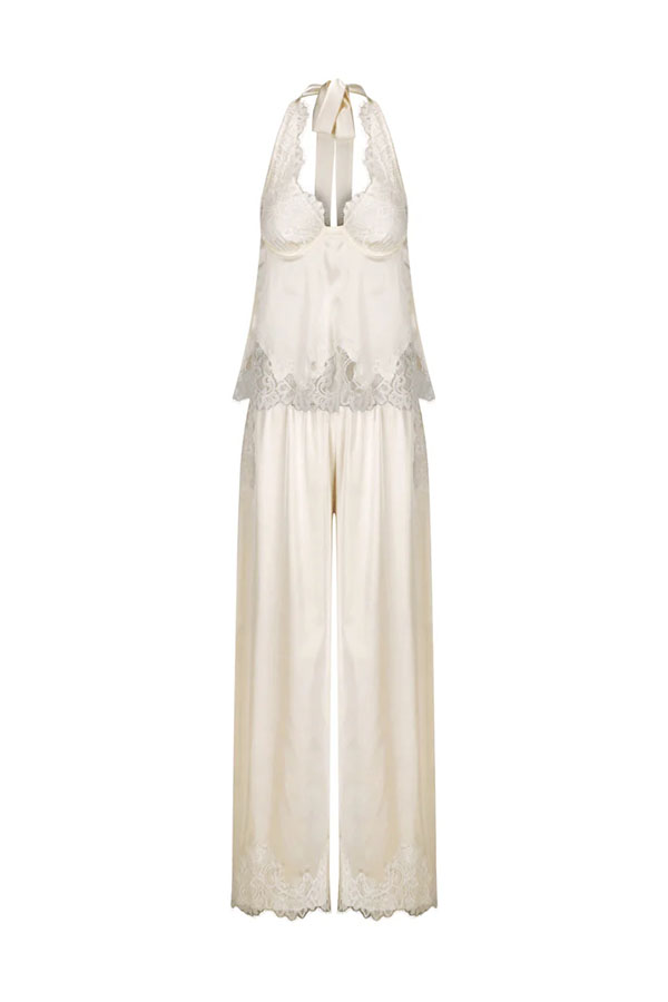 Elegant Morning Satin Lace Trim Halter Tie-up Tank and Elastic Waist Loose Pants Set