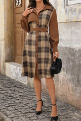 Retro Plaid Patchwork Casual Belt Workplace Style Midi Dress
