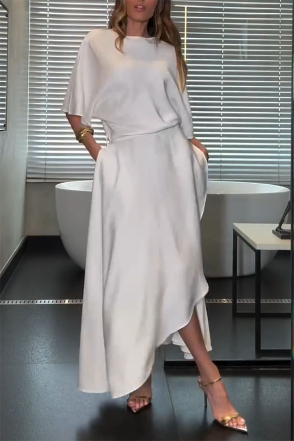 Modern and Elegant Satin Half Wide Sleeve Wrap Style Pocket Slit Loose Maxi Dress