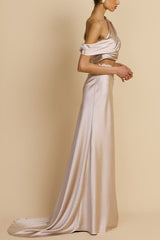 Anaya Satin Asymmetrical Off Shoulder Cropped Top and Lace Trim High Rise Maxi Skirt Set