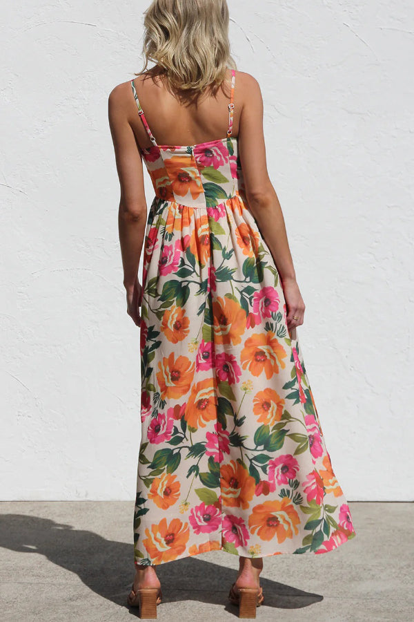 Floral Print Sleeveless Square Neck Casual Holiday Midi Dress