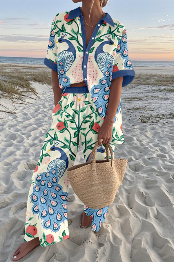 Blue Peacock Print Oversized Shirt and Elastic Waist Pocket Pants Set