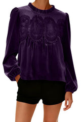 Fashionable Velvet and Lace Patchwork Loose Long-sleeved Top
