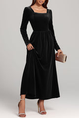 Solid Color Velvet Square Neck Long Sleeve Elegant Maxi Dress