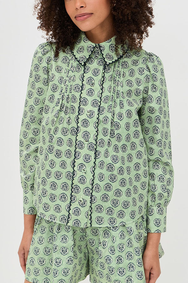 Deelia Unique Print Scalloped Edges Long Sleeve Blouse and Pleated Button Waist Flare Shorts Set