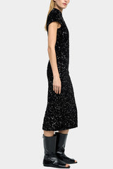 Cheongsam Style Velvet Sequin Stand Neck Short Sleeve Slit Midi Dress