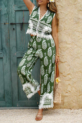 Bohemian Style Unique Print V-neck Sleeveless Top and Elastic Waist Casual Pocket Wide-leg Pants Set