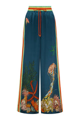 Linen Blend Unique Print Lapel Short Sleeve Shirt and Elastic Waist Loose Pocket Wide Leg Pants Set