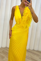 Forever Stunning Pleated Feather Trim Slit Evening Maxi Dress