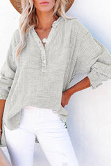 Solid Color Long Sleeve Pleated Button Loose Top