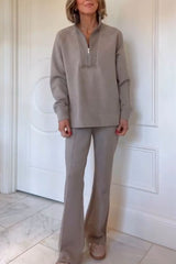 Alfia Ribbed Stand Zipper Neck Long Sleeve Sweatshirt and Button Elastic Waist Pocketed Loose Pants Set