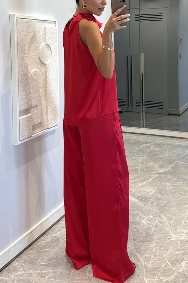 Classic on You Satin High Cowl Neck Top and Elastic Waist Pocket Loose Pants Set