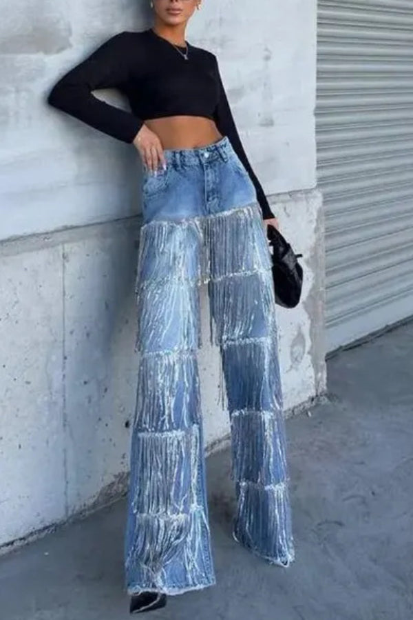 Stylish High-waisted Pocket Tassel Casual Straight Leg Jeans
