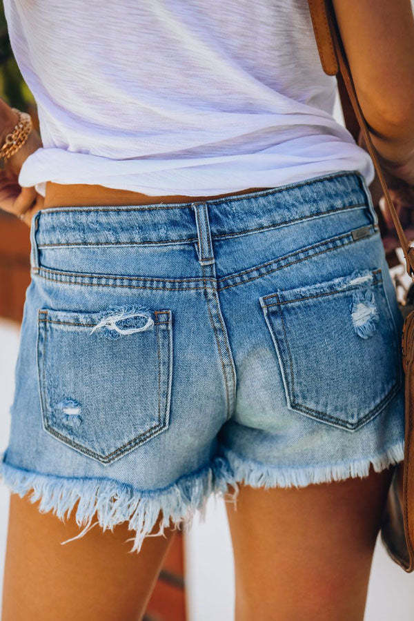 Trendy Ripped Fringed Denim Shorts