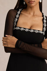 Emmey Jewel Embellished Trim Square-Neck Mesh Long Sleeve Mini Dress