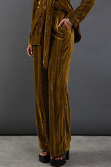 Solid Color Velvet Long-sleeved Waist Tie Top and Elastic Waist Casual Pocket Straight-leg Pants Set