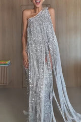 Holiday Muse Sequined Slit Tassels One Shoulder H-line Maxi Dress