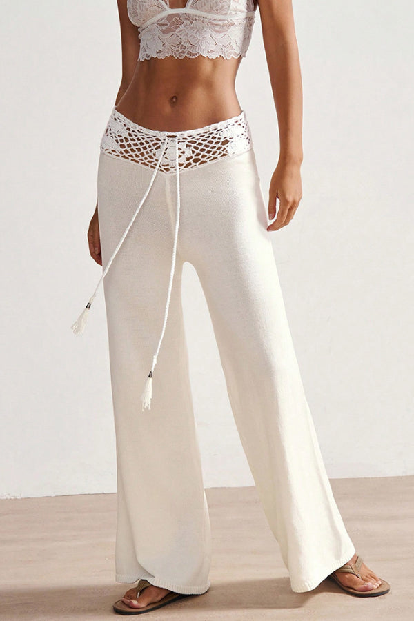 Solid Color Openwork Waist Tie Casual Knit Straight Leg Pants