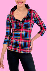 Duke of York Holiday Plaid Ruffle Stand Neck Half Sleeve Blouse