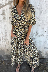 Fashionable Leopard Print Short Sleeve Tie Waist Elegant Maxi Dress