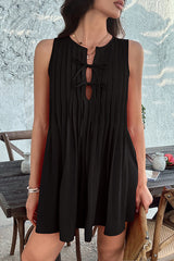 Solid Color Sleeveless Tie Pleated Casual Mini Dress