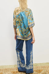 Satin Floral Print Loose Shirt and Elastic Waist Pocket Casual Wide-leg Pants