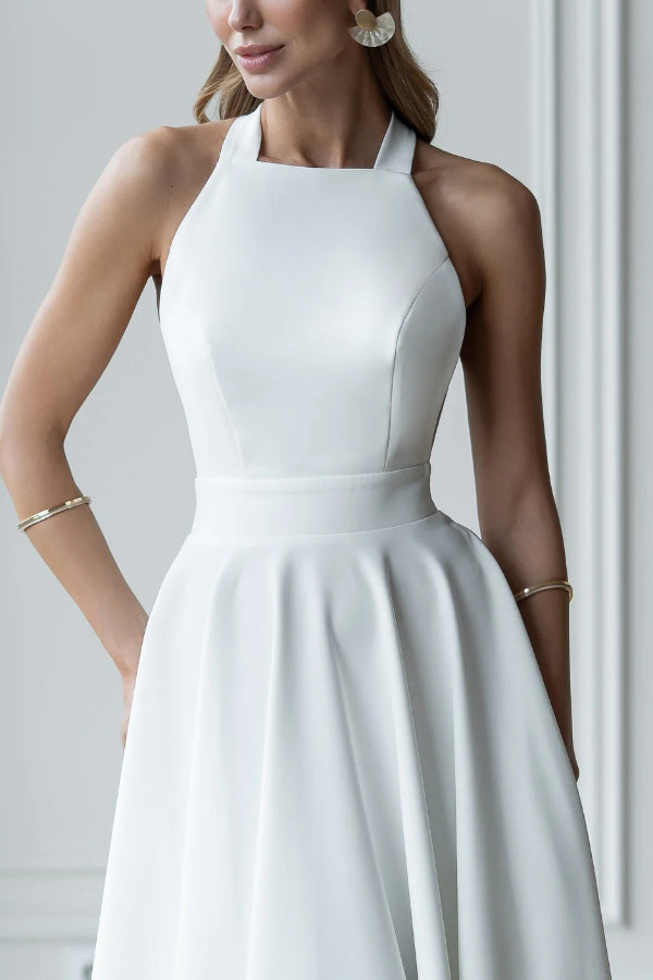 Solid Color Halter Neck Bow Tie Elegant Waist-cinching Midi Dress
