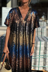 sequined v-neck short-sleeved dress