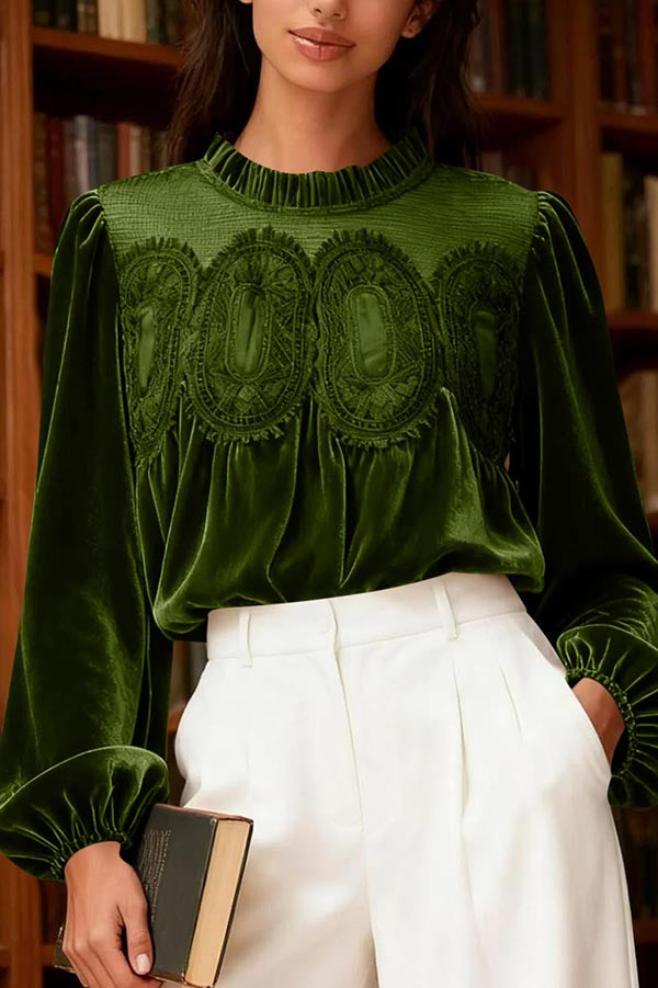 Fashionable Velvet and Lace Patchwork Loose Long-sleeved Top